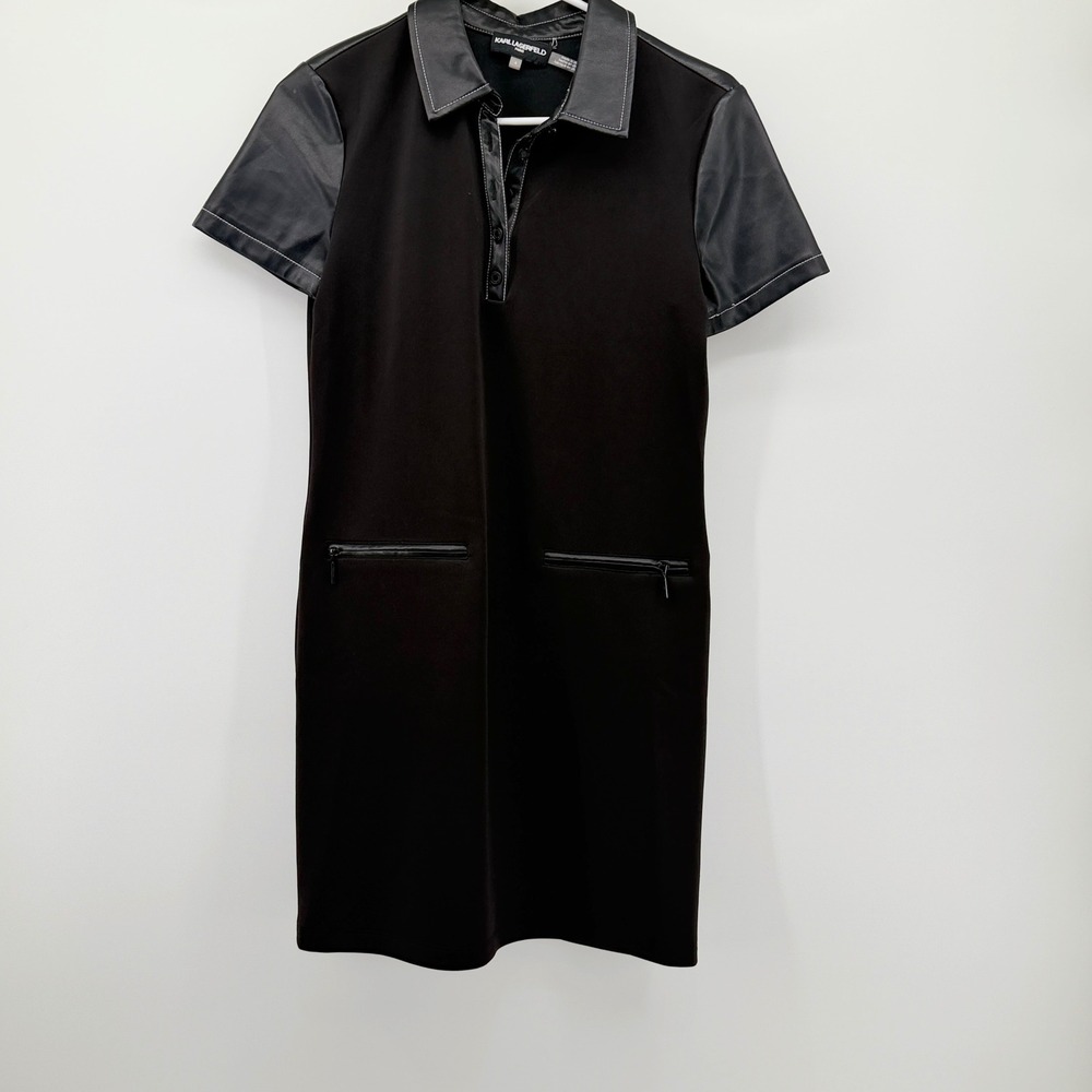 Karl Lagerfeld Paris Womens Black Faux Leather Trim Polo Shift Dress Size 4‎
